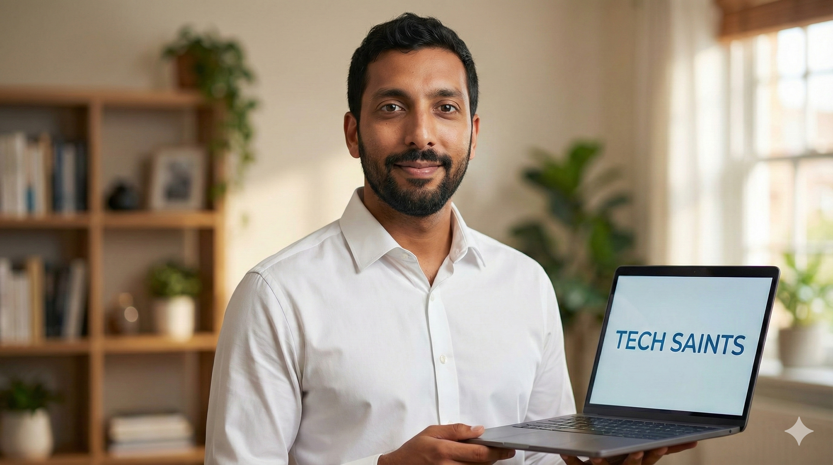 Veemal from Tech Saints patiently explaining something on a laptop to a smiling older client at their kitchen table